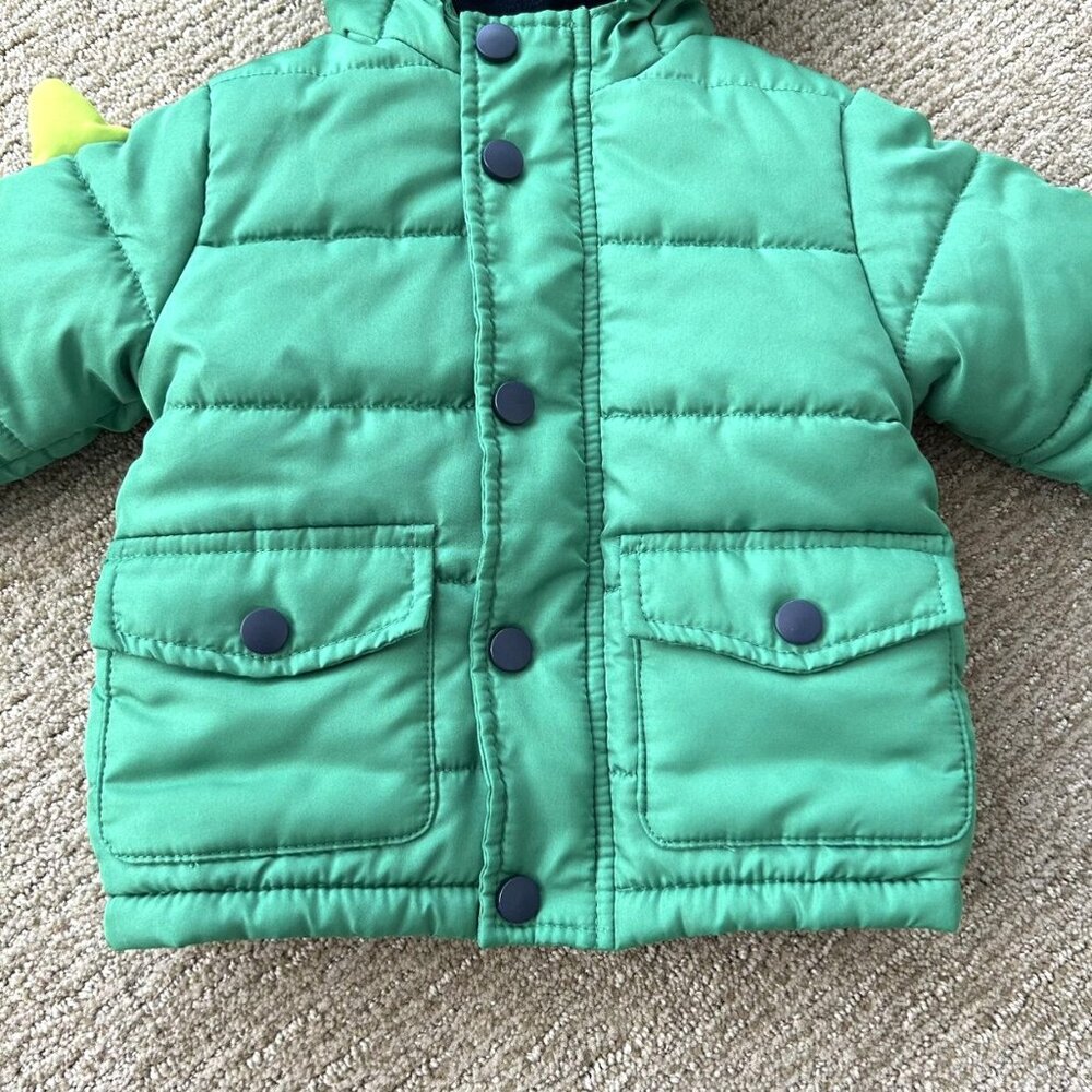 Little Me Green Dinosaur Quilted Puffer Coat W/Hood Size 12 Months - Picture 3 of 7